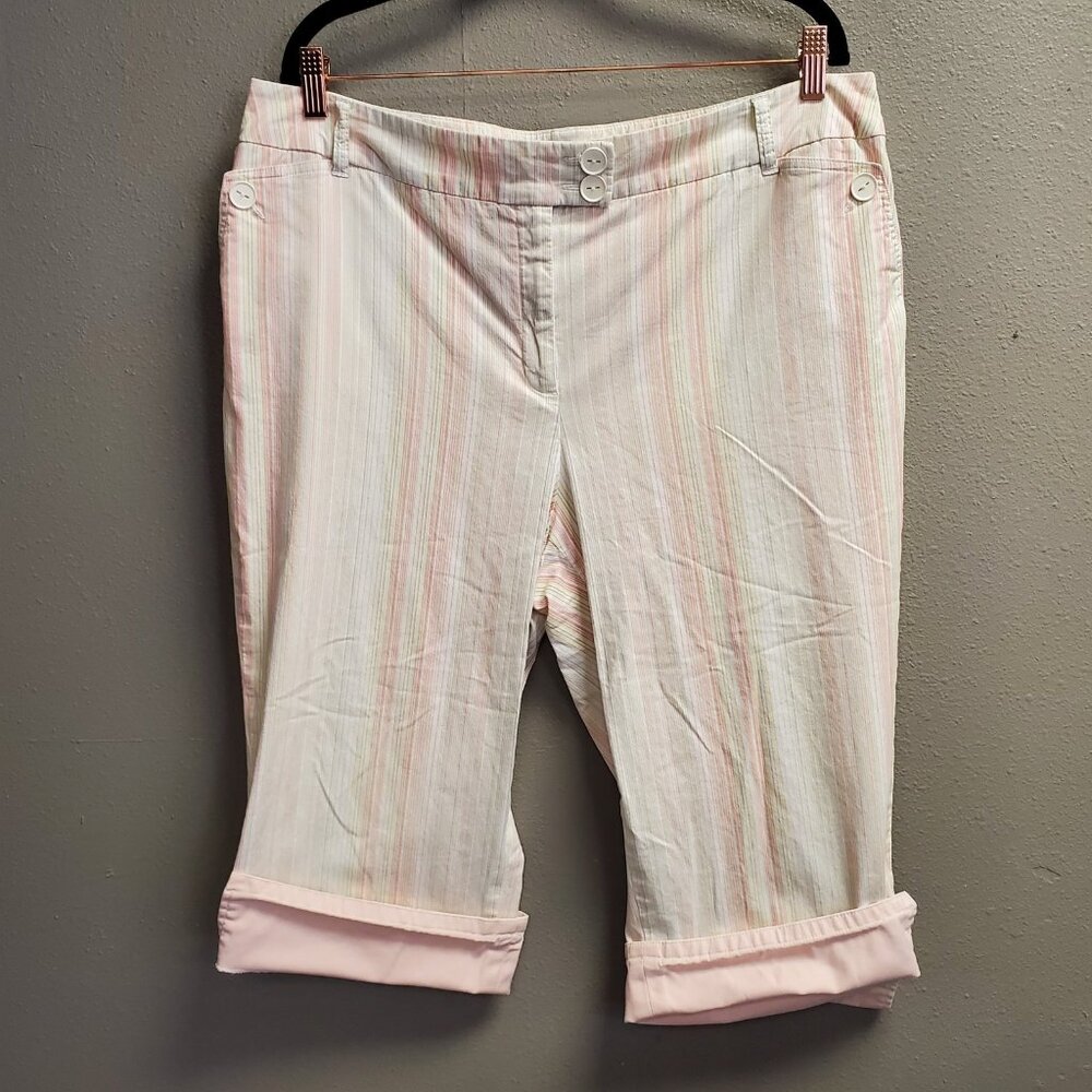 Tribal Pants Womens 20W Pastel Stripe Crop Stretch Seersucker Bermuda Casual Sum